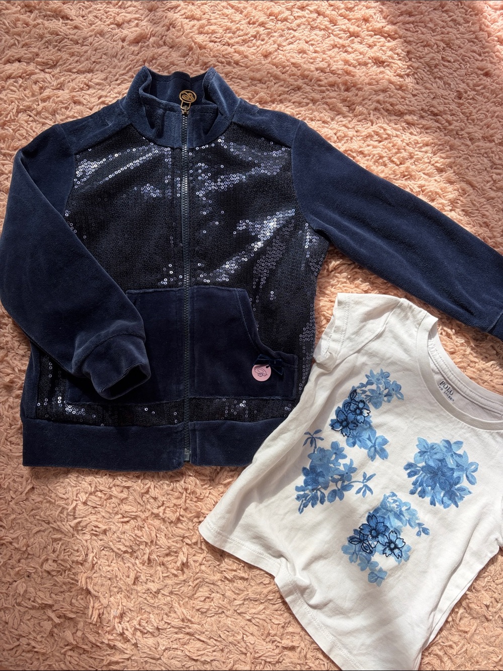 Girls Navy Sequined Balmain jacket - RL tee
